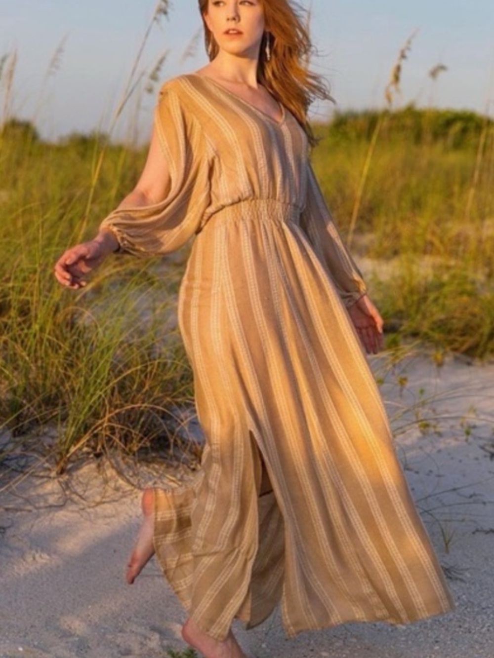Sundress NWT “ Laura” tan & gold Split Sleeve Dress in Lisbonne size XS/S